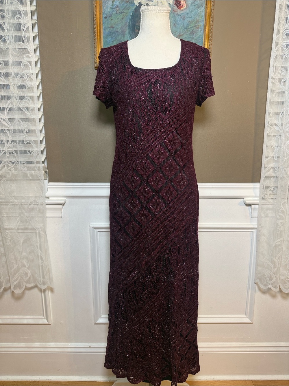 Vintage Giorgio Sant’Angelo Metallic Crochet Knit Maxi Dress Plum Purple S